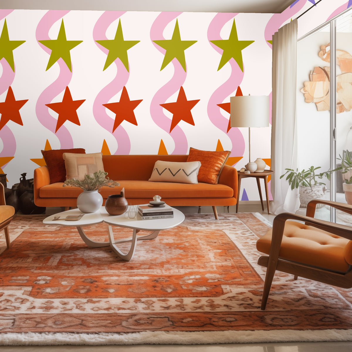Wide living room view showing the vertical ribbon and star pattern scaled across a full wall