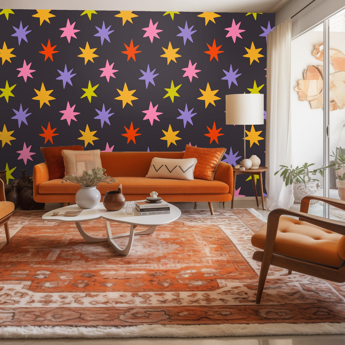 Living room vignette with Nocturne Starburst accent wall, orange sofa and warm wood accents