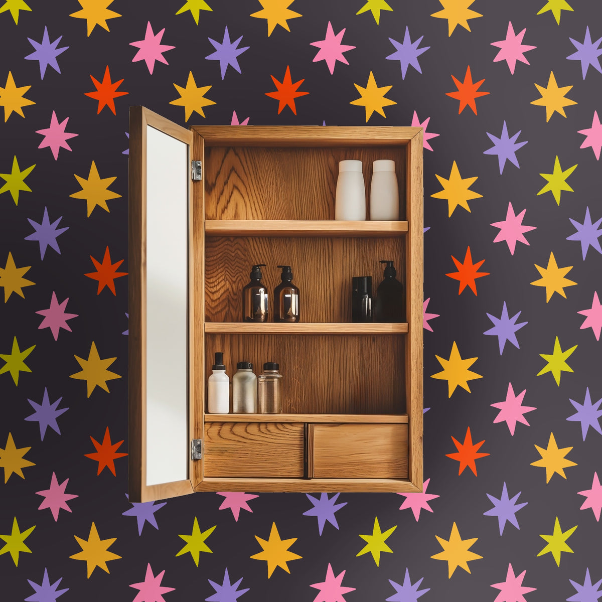Nocturne Starburst behind a wooden medicine cabinet, showing repeat scale and colorful stars against dark background