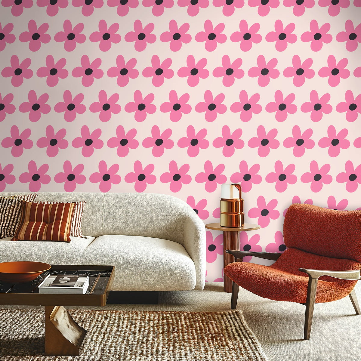 Full-wall view of evenly spaced pink blooms creating a tight, rhythmic repeat across a blush ground
