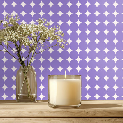 Entryway scene with an arched doorway framed by the lilac orb repeat creating a bold focal wall.