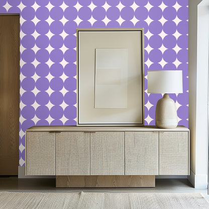 Tight pattern view showing the repeating lavender circles and cream star diamonds across the wall.