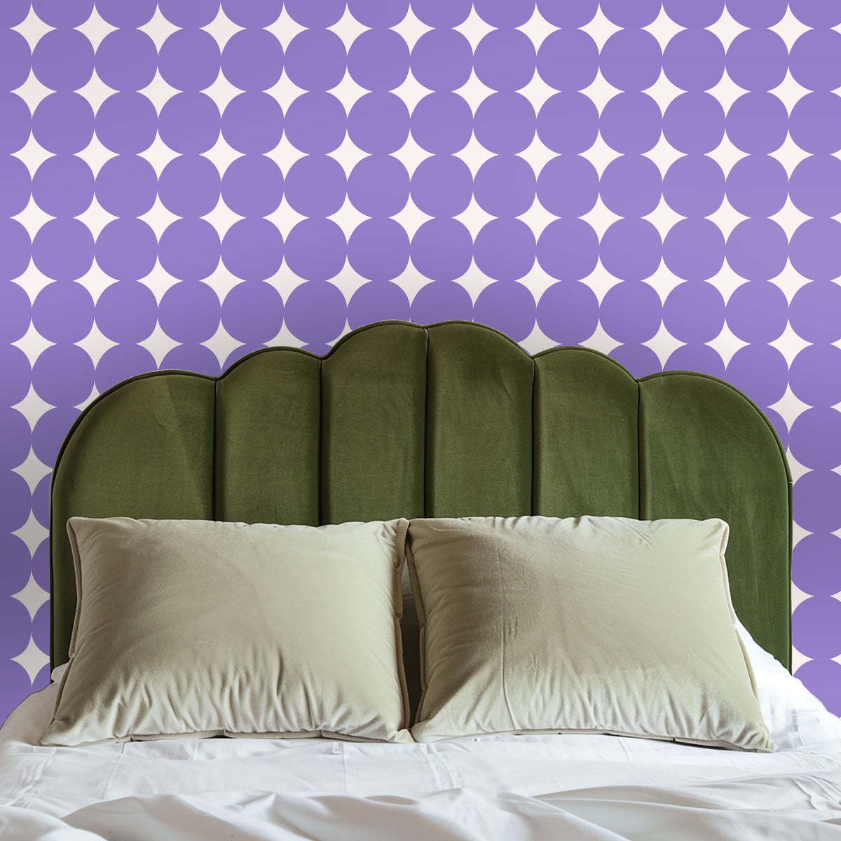 Cozy dog bed placed at floor level against the wallpaper demonstrating scale and warmth of the design.