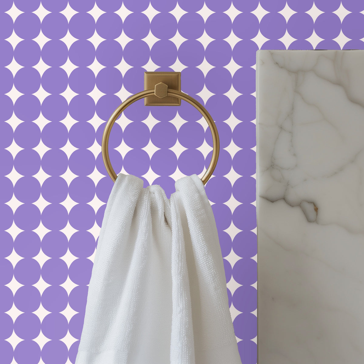 Full-frame repeat shot focusing on the motif and the color contrast between muted lavender and warm cream.