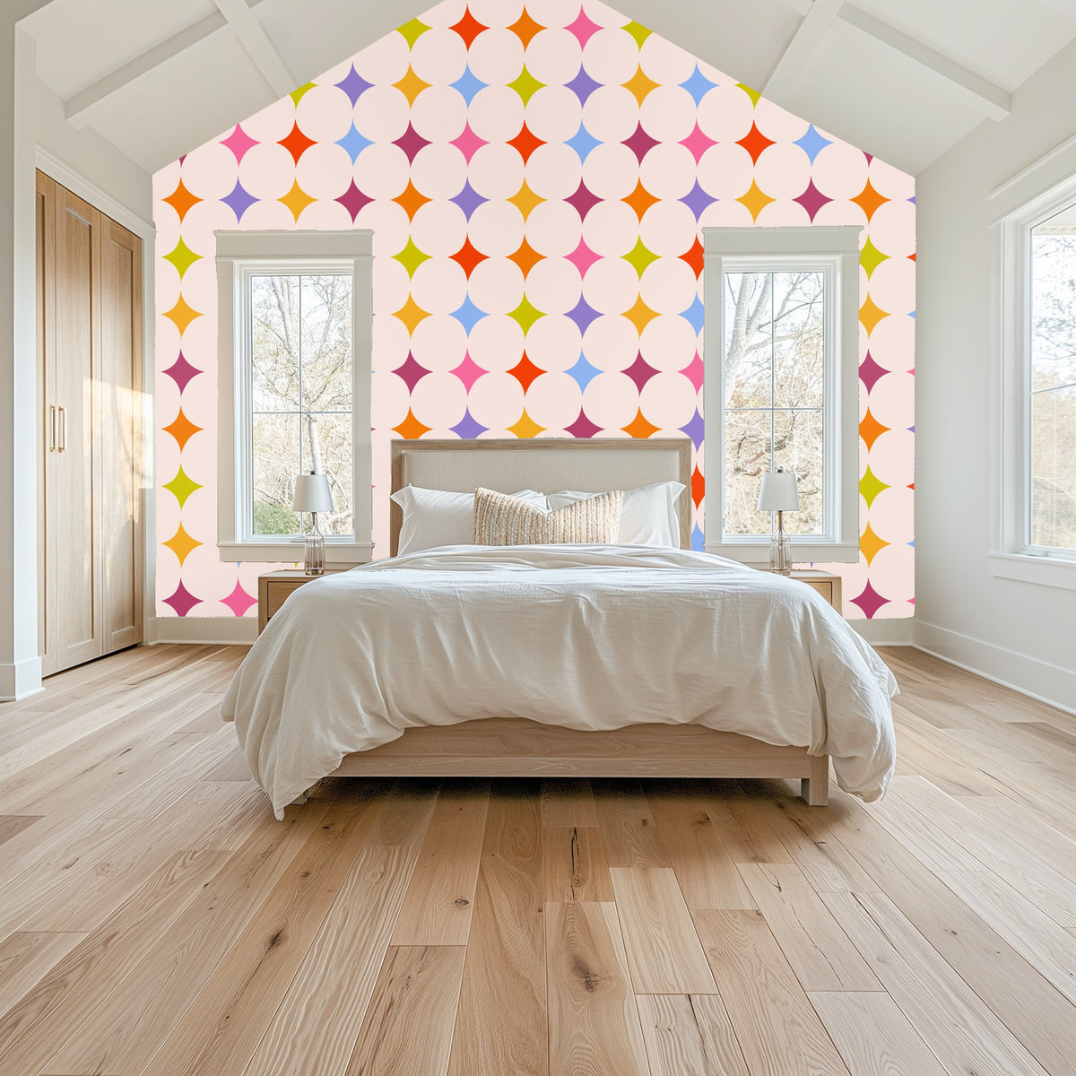 Clothing rack placed in front of a wall covered with Jubilee Starfield wallpaper, showing how pattern works in a closet or dressing space
