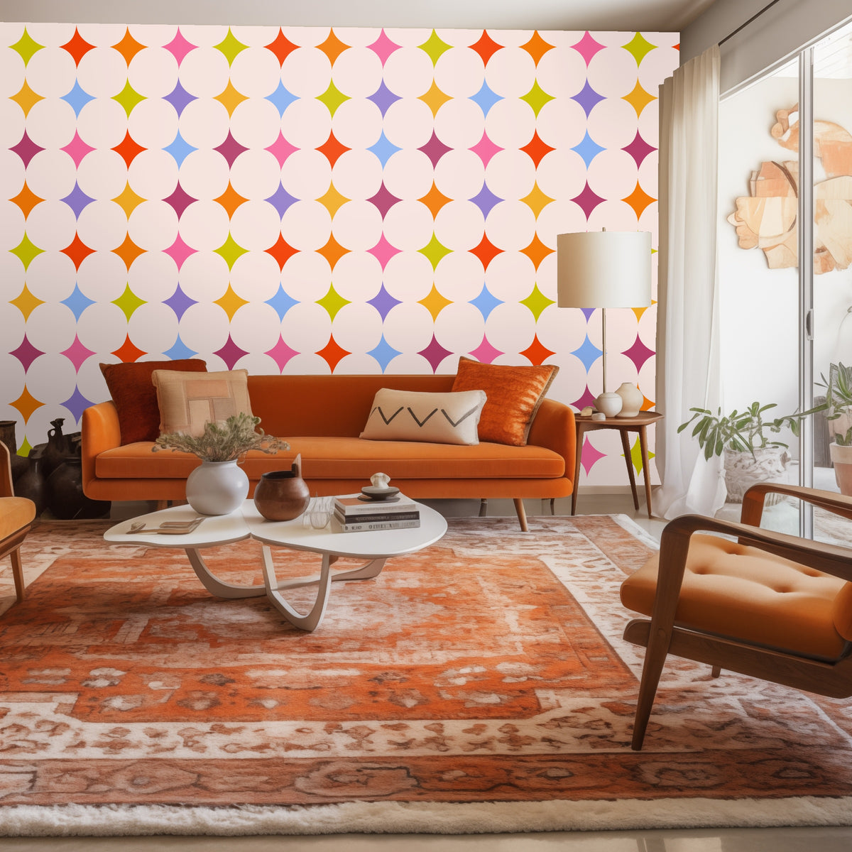 Dresser and round mirror mounted on a wall covered in Jubilee Starfield wallpaper with colorful diamond stars visible around the mirror