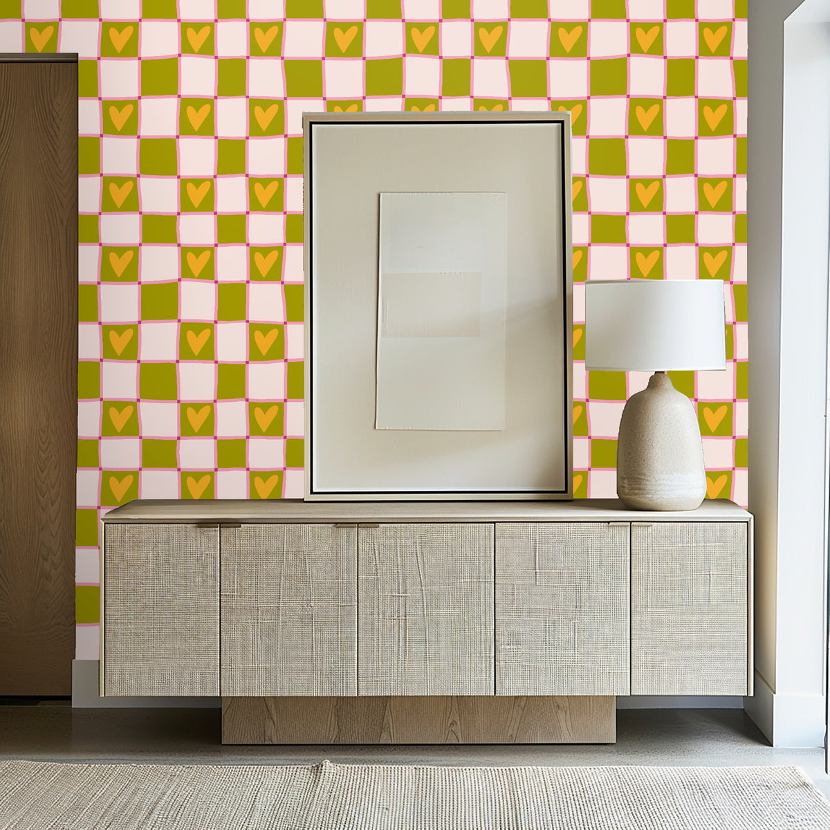 Detail of alternating blush and olive checks with a single golden heart centered in an olive square