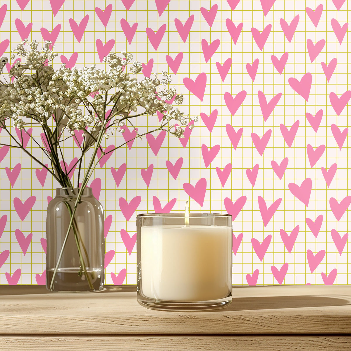 Room mockup: Rosy Lattice wallpaper behind a wood dresser and round mirror, showing overall scale and repeat.