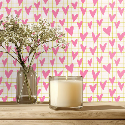 Room mockup: Rosy Lattice wallpaper behind a wood dresser and round mirror, showing overall scale and repeat.