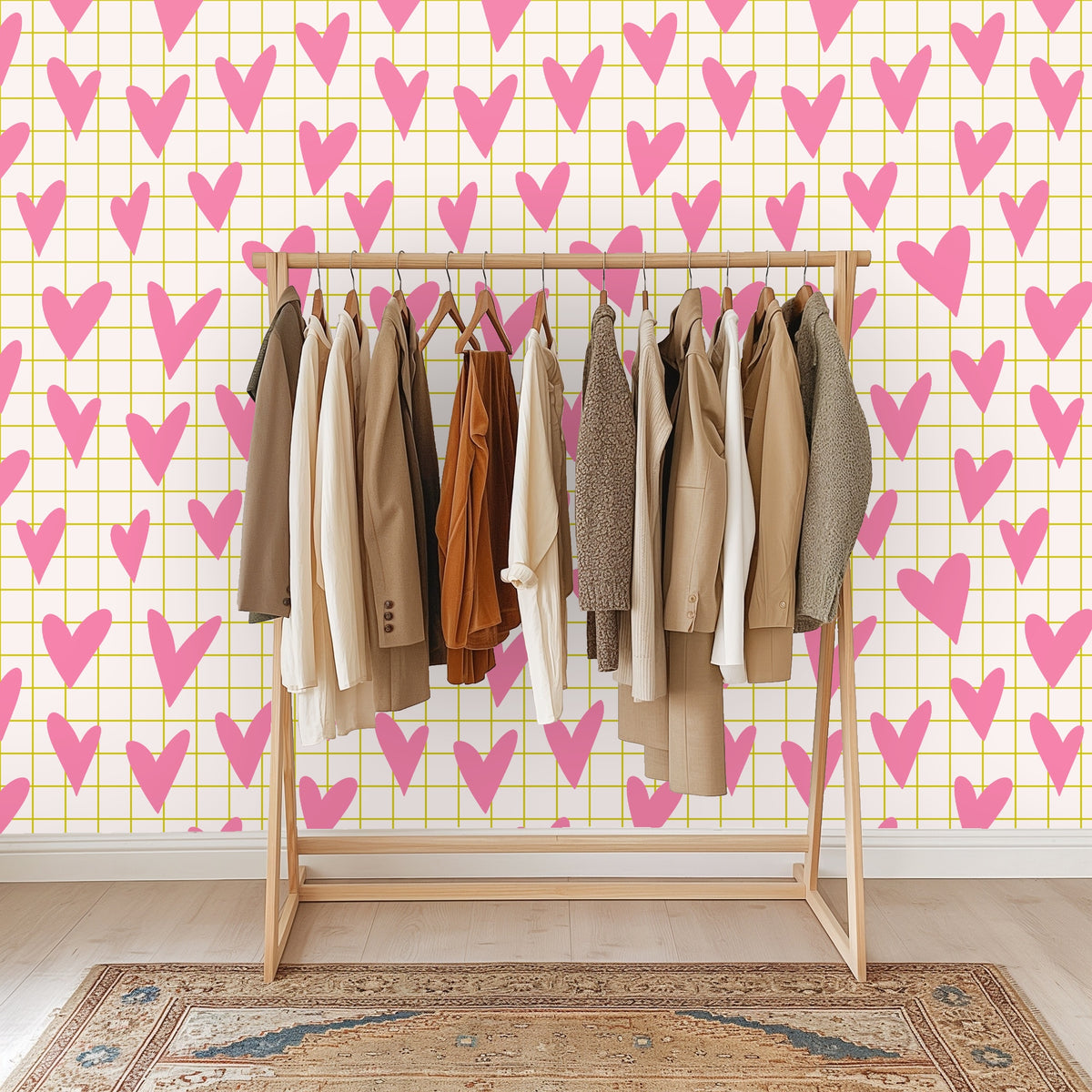 Bedroom scene with a peach-velvet headboard against the Rosy Lattice wallpaper, illustrating a bedside accent application.