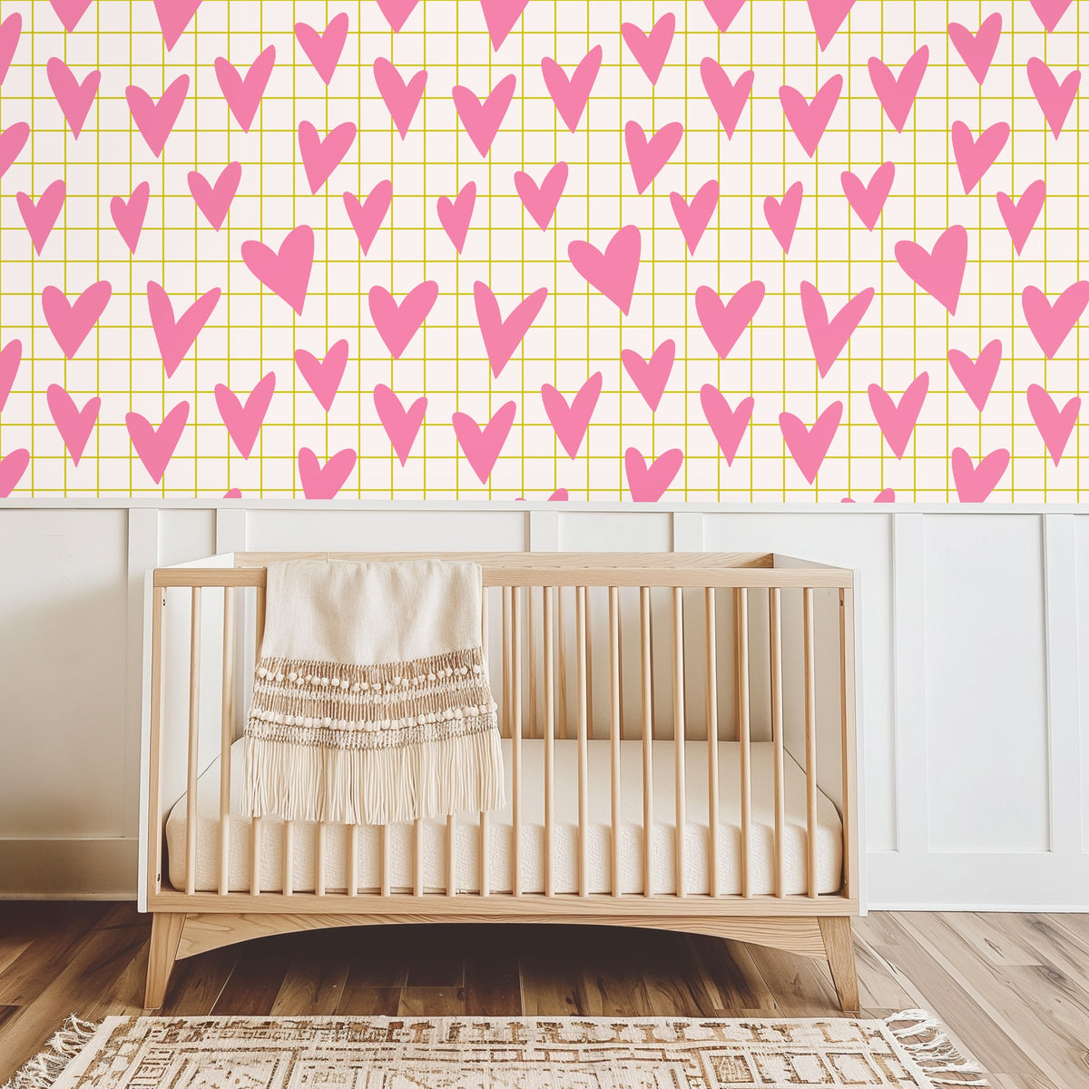 Clothing rack staged in front of the wallpaper to show the pattern scale in a closet or dressing area.