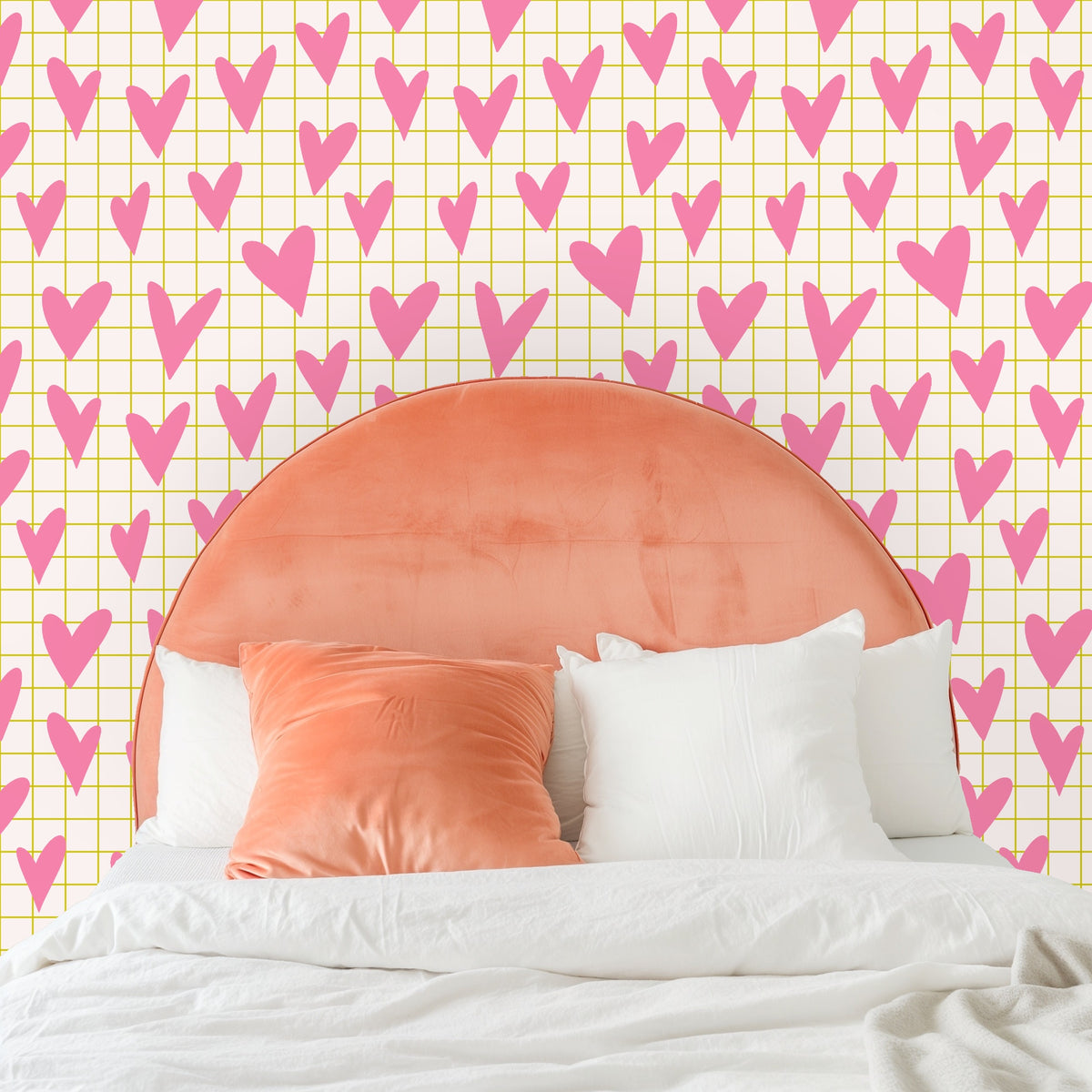 Wall mockup with a wooden blanket ladder, showing how the hearts and grid read behind soft textiles.