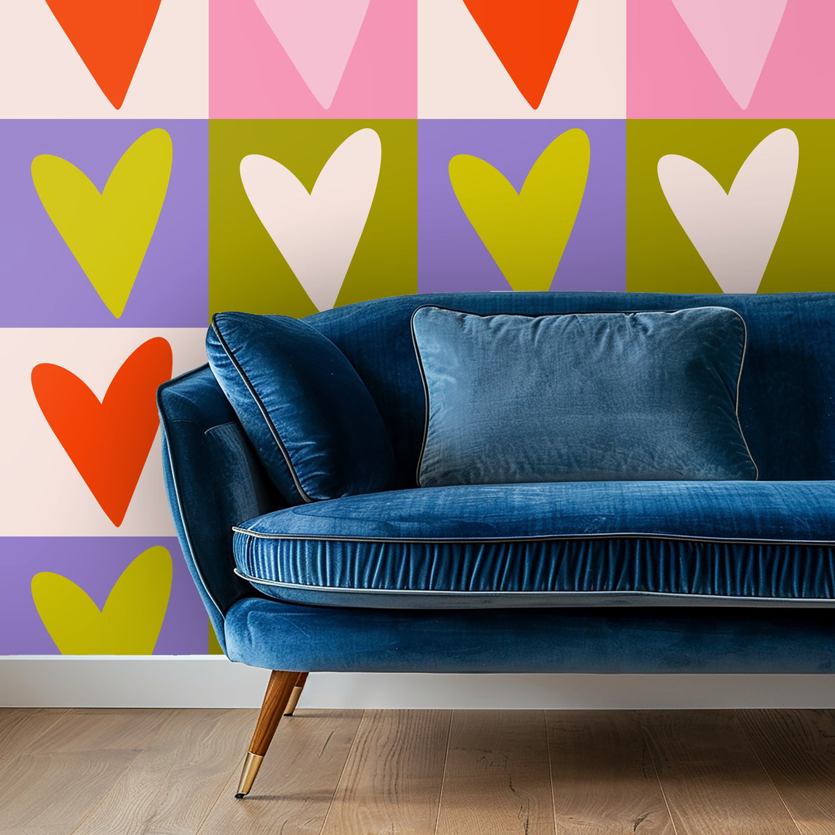 Cropped view of the pattern showing a chartreuse heart on a periwinkle square beside a cream heart on an olive square.