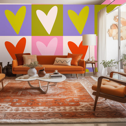 Close-up of the Quadrant Hearts repeat showing alternating orange and pale-pink hearts on cream and bubblegum squares.