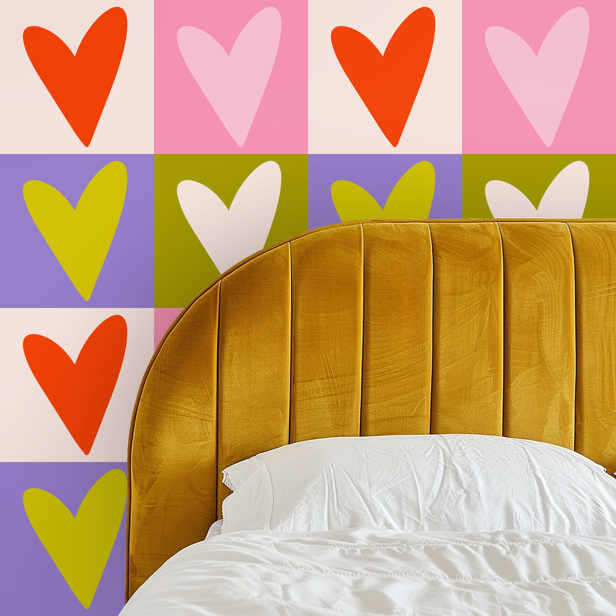 Detailed pattern crop highlighting the hand-drawn heart shapes and blocky checkerboard repeat.