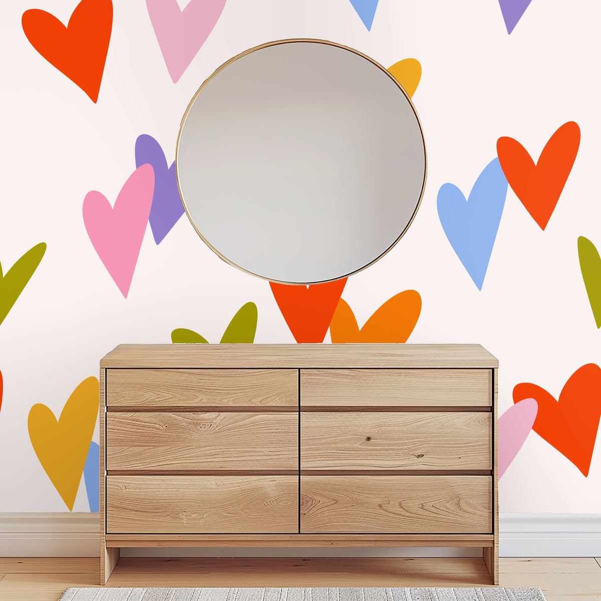 Vaulted bedroom featuring the full Sweetheart Scatter mural across the gable wall with evenly spaced large hearts