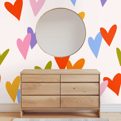 Vaulted bedroom featuring the full Sweetheart Scatter mural across the gable wall with evenly spaced large hearts