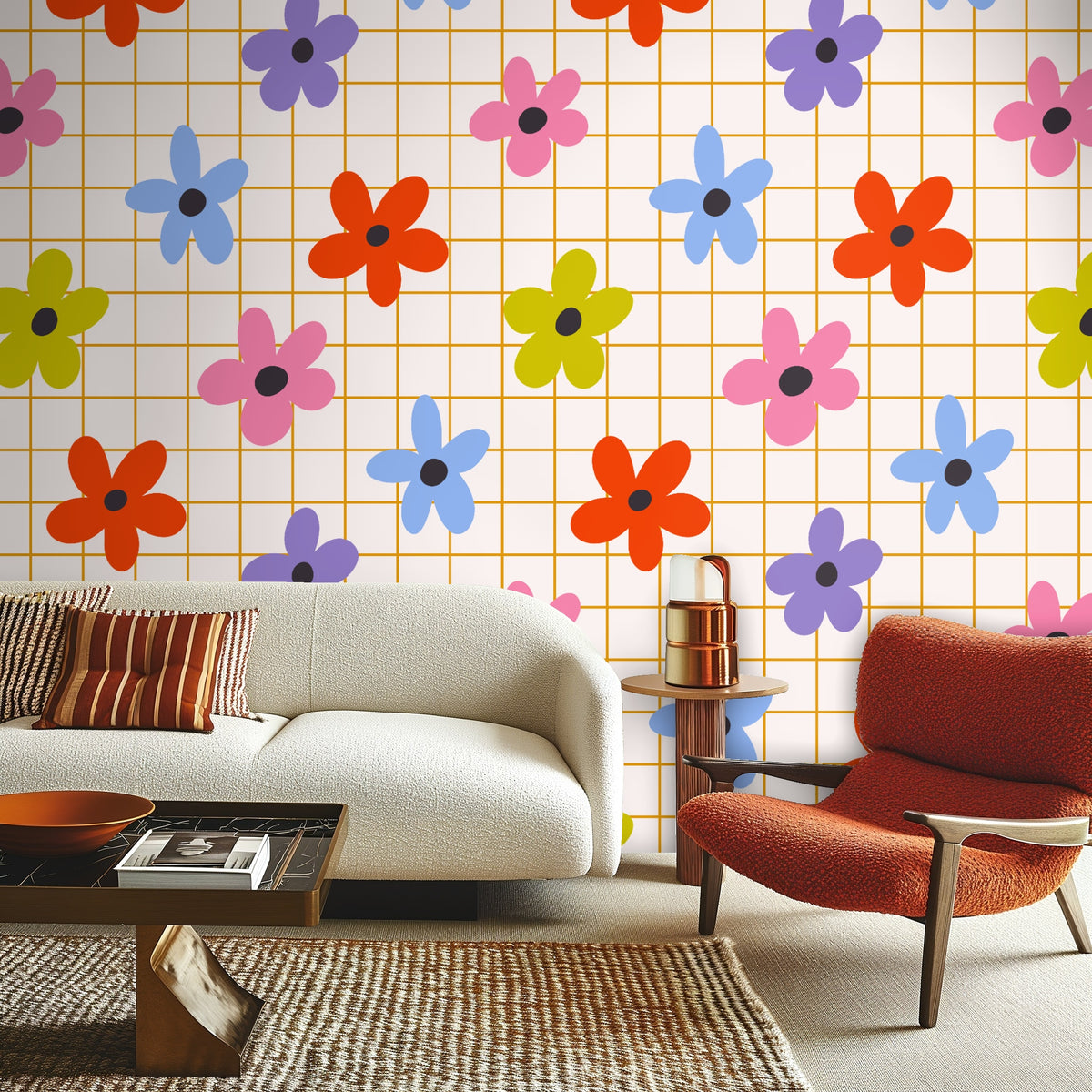 Wide shot of a bedroom with vaulted wall covered in the Floragraph Grid design, showing how the pattern scales on a large feature wall