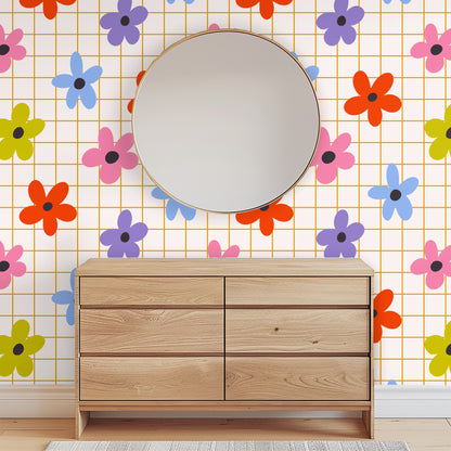 Detail shot of a bedside surface with vase and candle in front of the Floragraph Grid pattern