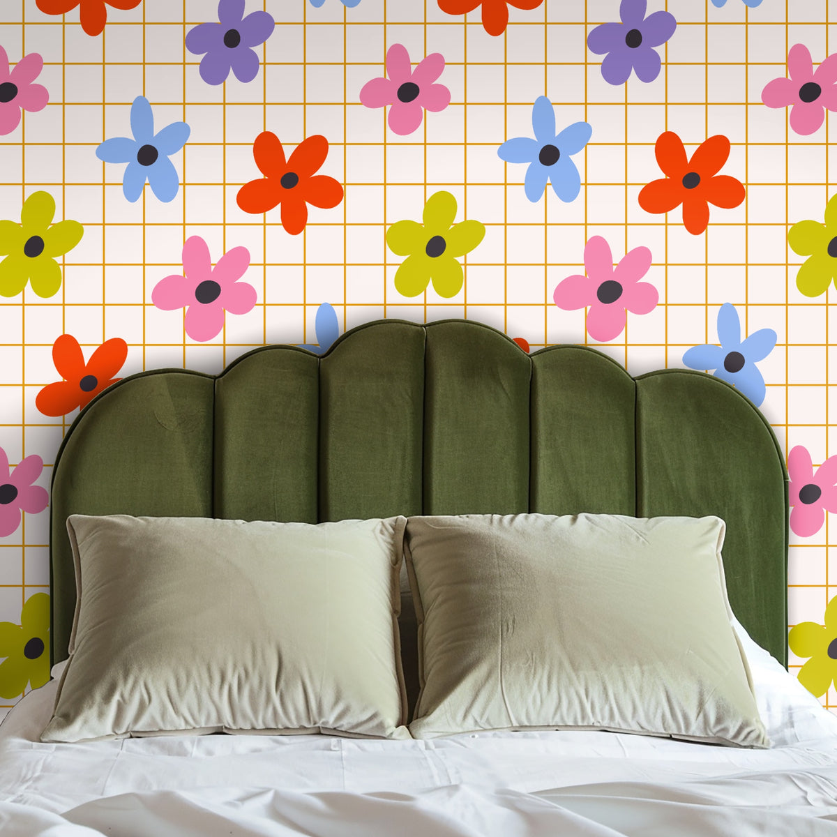 Dresser and round mirror staged against the floral grid wallpaper, showing scale of the repeat