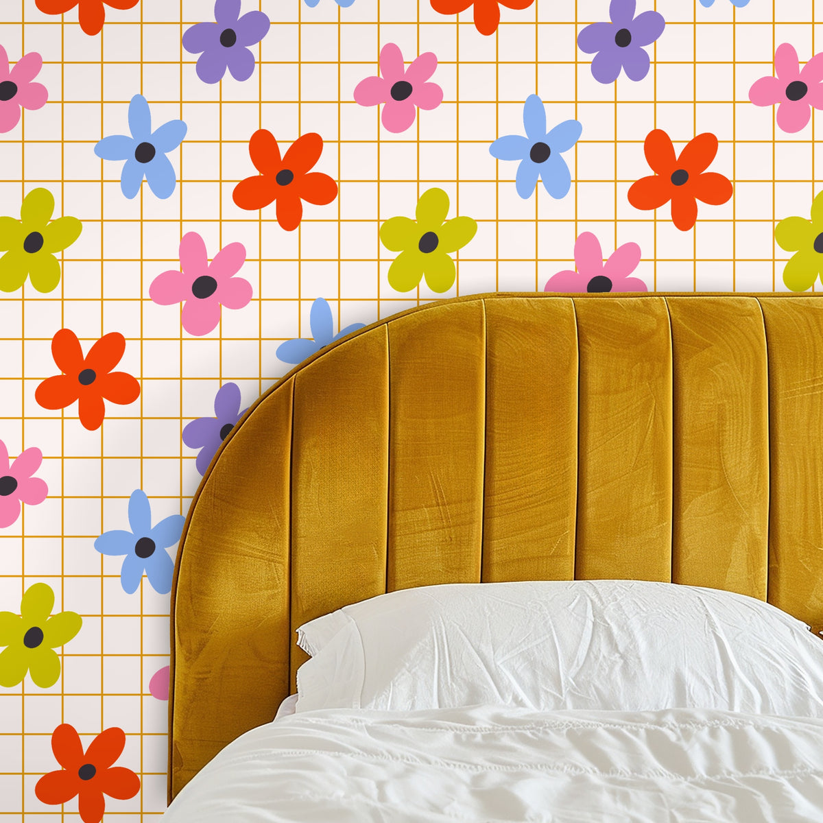 Close-up of the Floragraph Grid artwork showing mustard grid lines on a warm cream ground with oversized pink, blue, purple, red and chartre