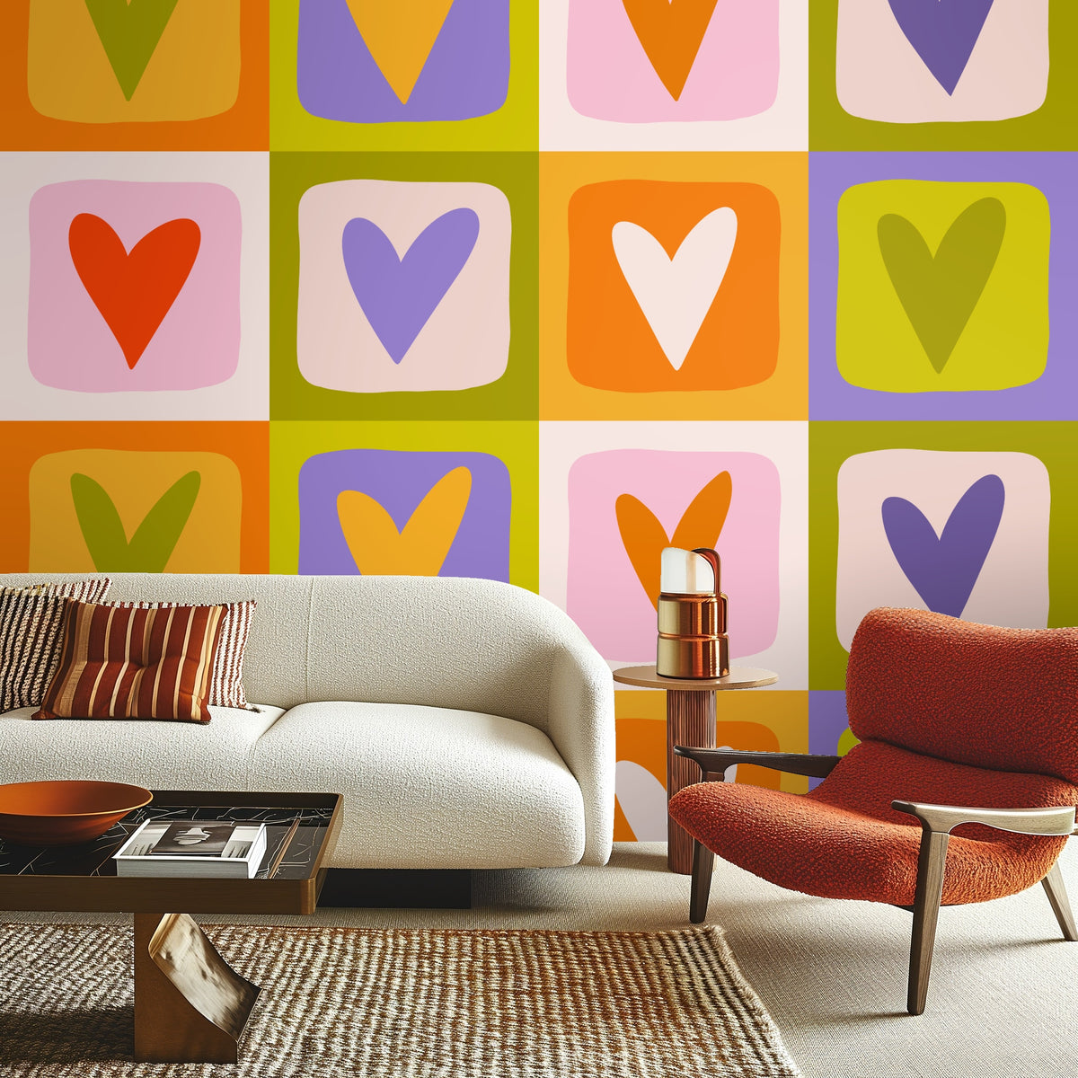 Open medicine cabinet mounted on a Heart Tile Grid wall showing the pattern used in a bathroom setting