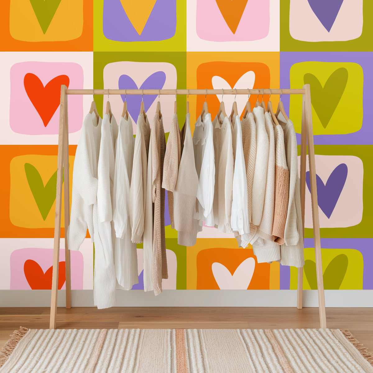 Styled interior showing the wallpaper scaled to a tall wall, illustrating how the grid reads from a distance