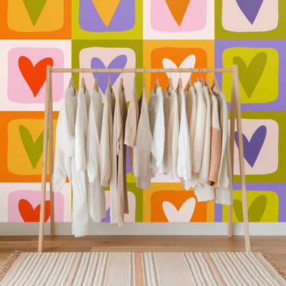 Styled interior showing the wallpaper scaled to a tall wall, illustrating how the grid reads from a distance