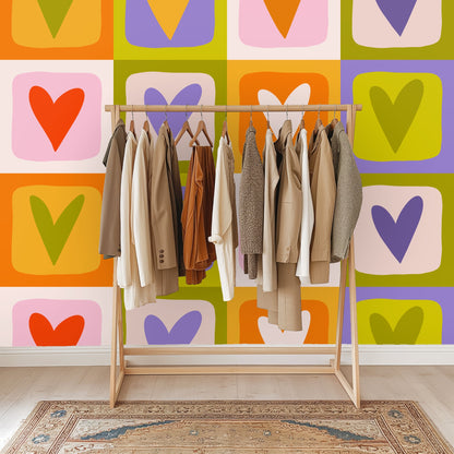 Children’s room scene with three stuffed animals posed on a bench in front of the Heart Tile Grid wall