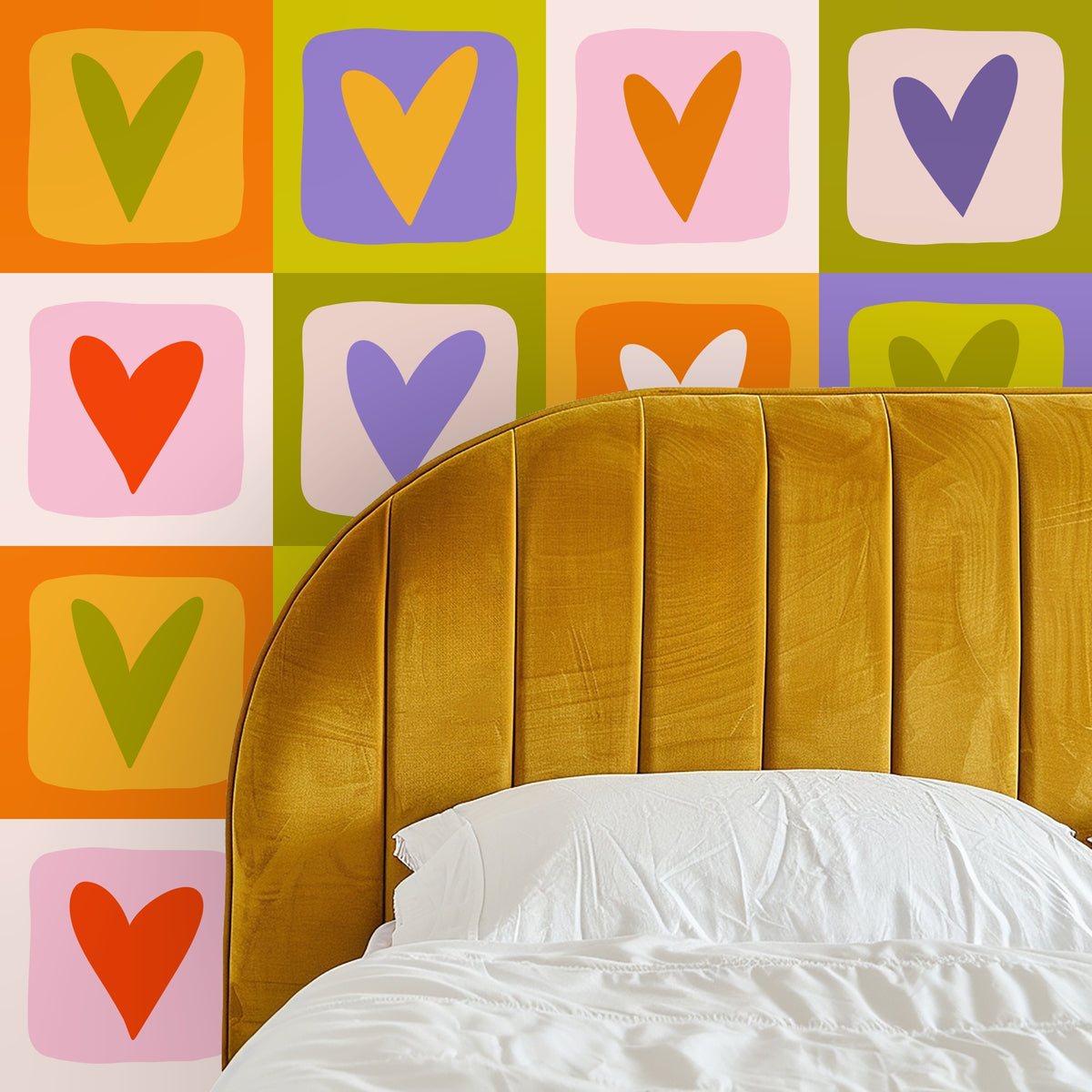 Full repeat view of Heart Tile Grid pattern: colorful rounded squares with hand-drawn hearts in orange, chartreuse, lilac, blush and cream