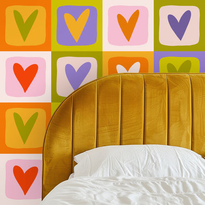 Full repeat view of Heart Tile Grid pattern: colorful rounded squares with hand-drawn hearts in orange, chartreuse, lilac, blush and cream