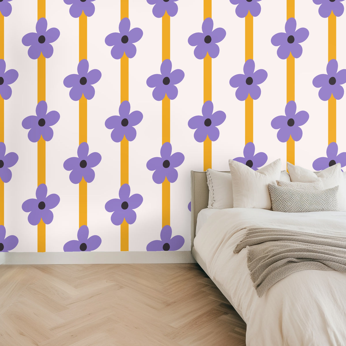 Wide room shot showing the wallpaper as a bold accent wall behind twin beds and natural decor