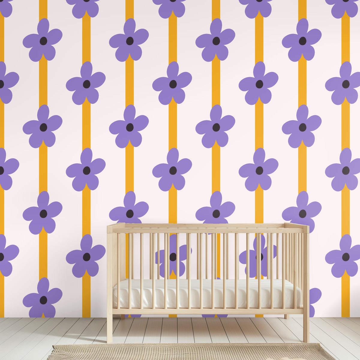 Full-wall view of Petal Column wallpaper in a shared nursery with two beds and light wood furnishings