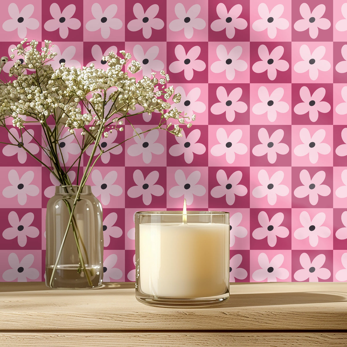 Close-up of Blush Block Daisy pattern showing five-petal flowers on alternating rose and raspberry squares.