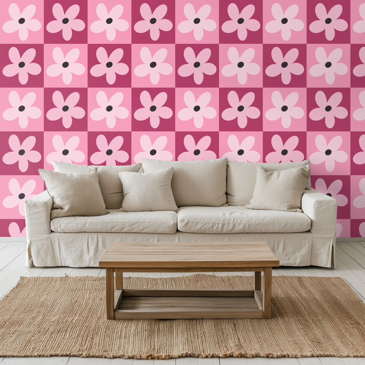 Bench and arched window beside an entry wall covered in the Blush Block Daisy pattern.