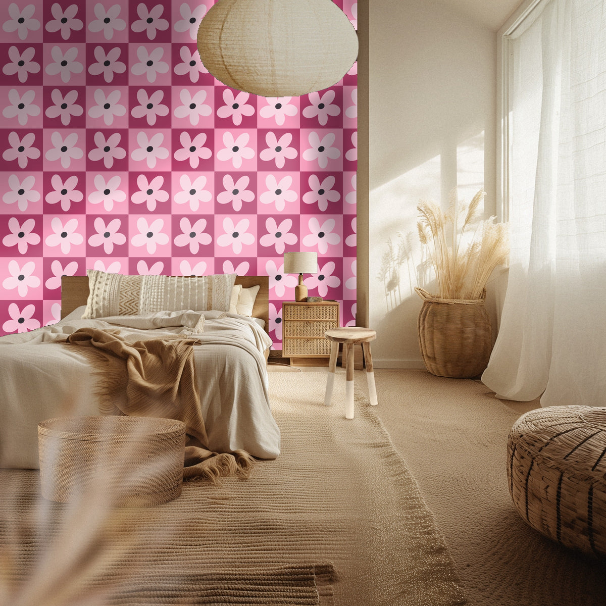 Tight crop showing the square repeat, blush petals and charcoal flower centers.