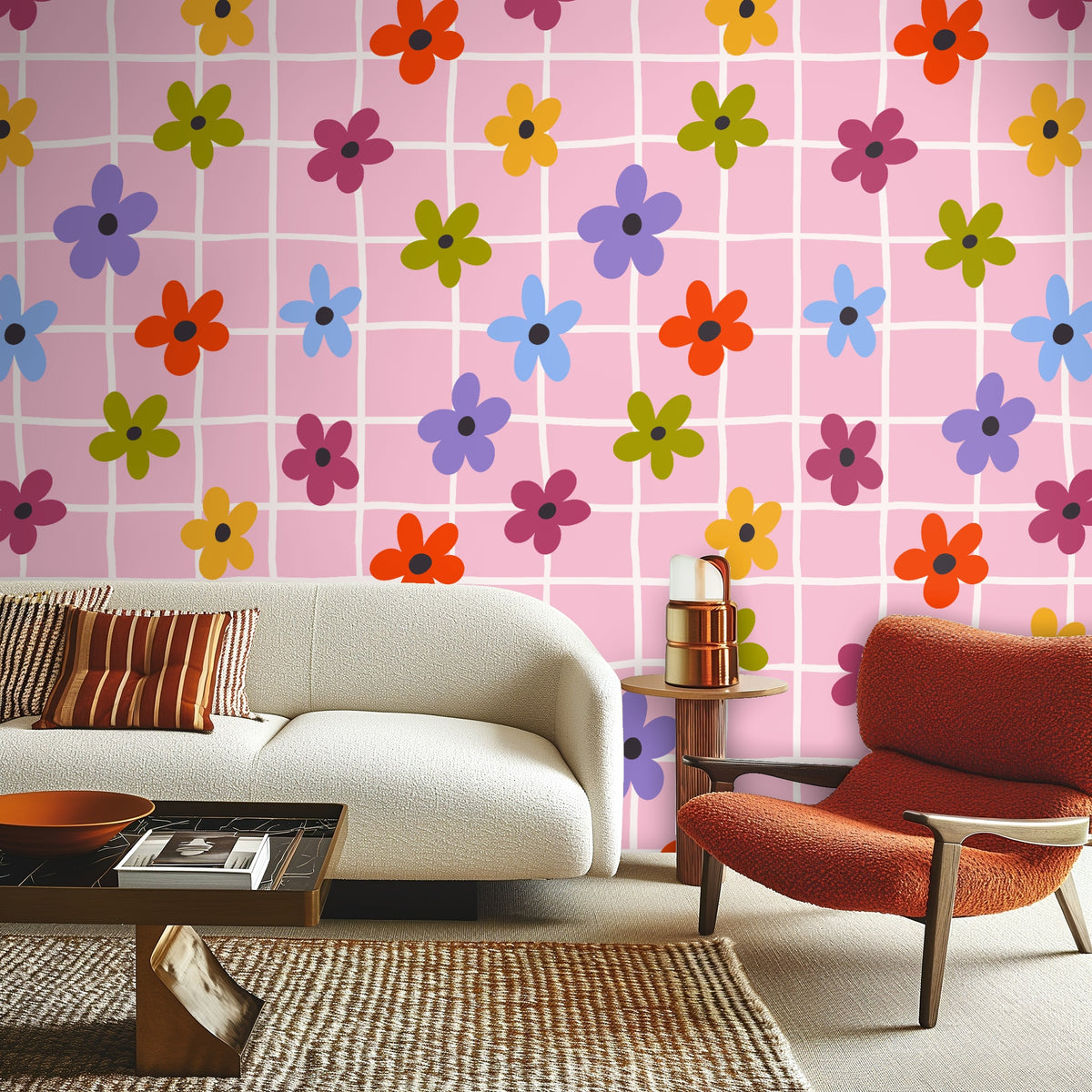 Hallway or bench nook lined with Prima Bloom Grid wallpaper, pictured behind a round mirror to show how the pattern enlivens small spaces.