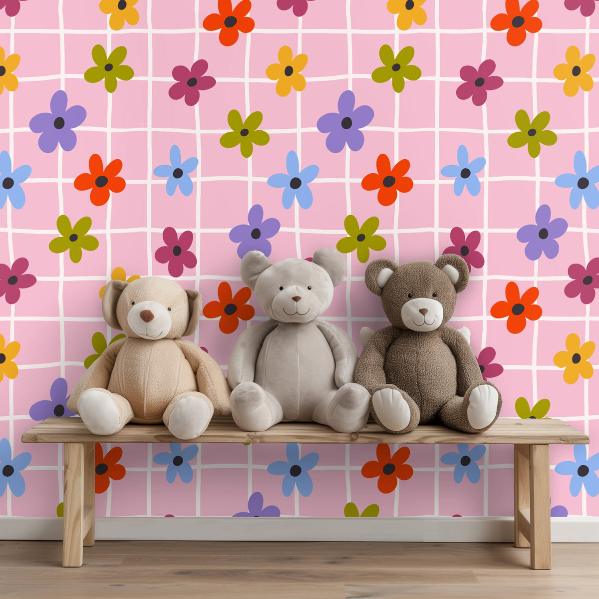 Full-wall shot with a green bedframe and the blush floral grid wallpaper, demonstrating lively color contrast in a bedroom.