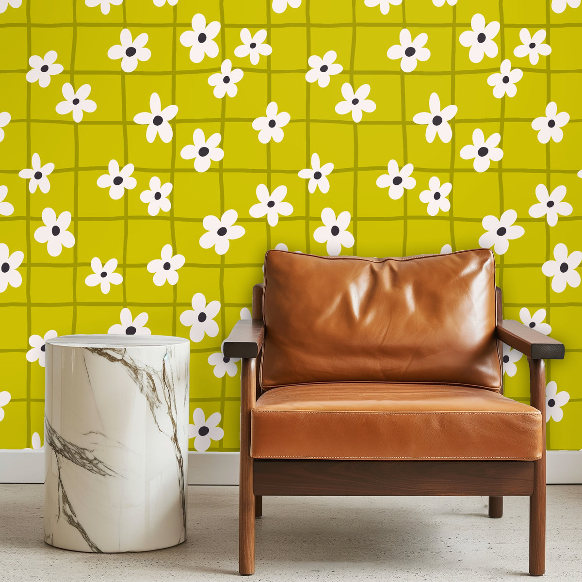 Full pitched-wall bedroom mural: chartreuse wallpaper with olive grid and small cream daisies framing two windows