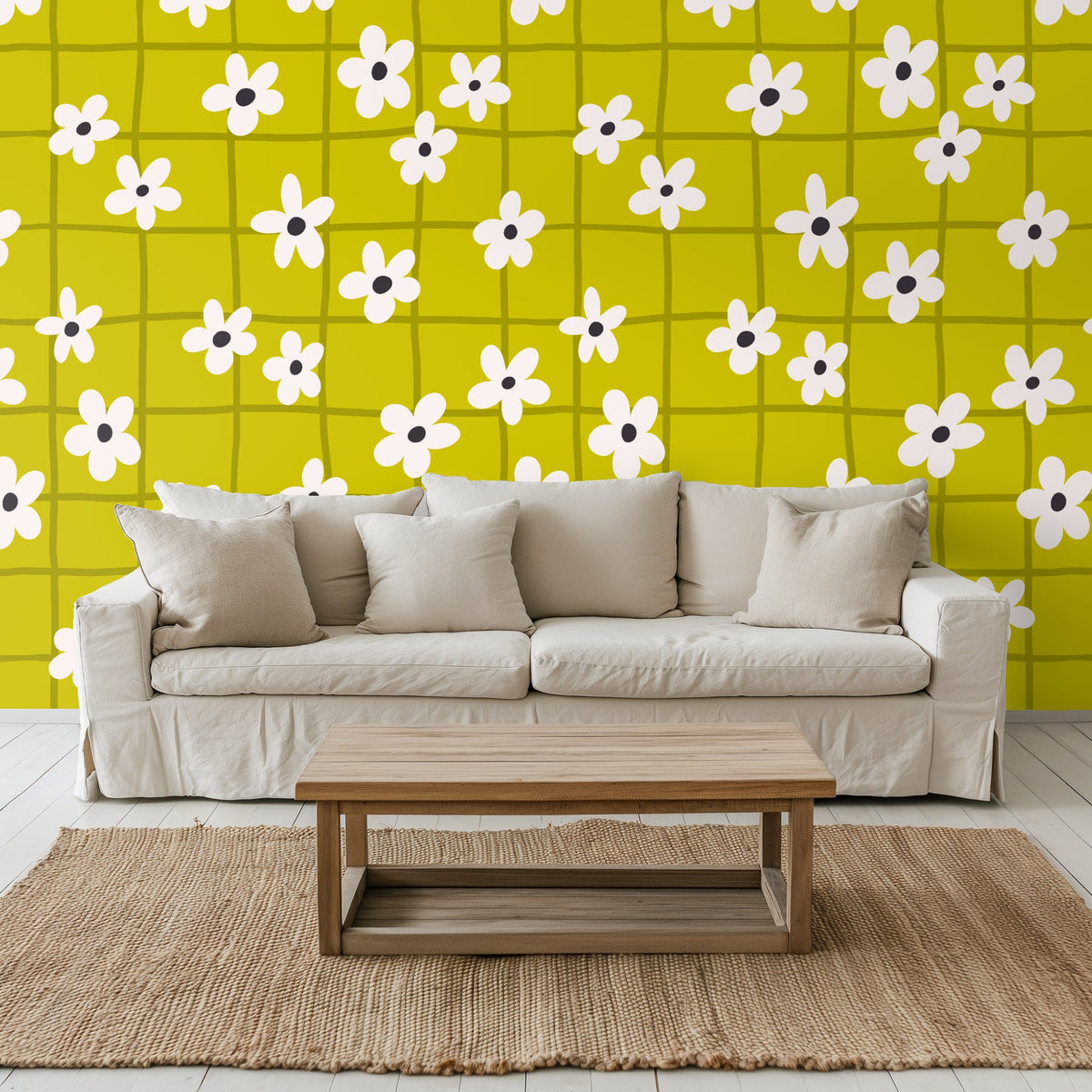 Living room vignette with leather chair against the chartreuse floral grid wallpaper
