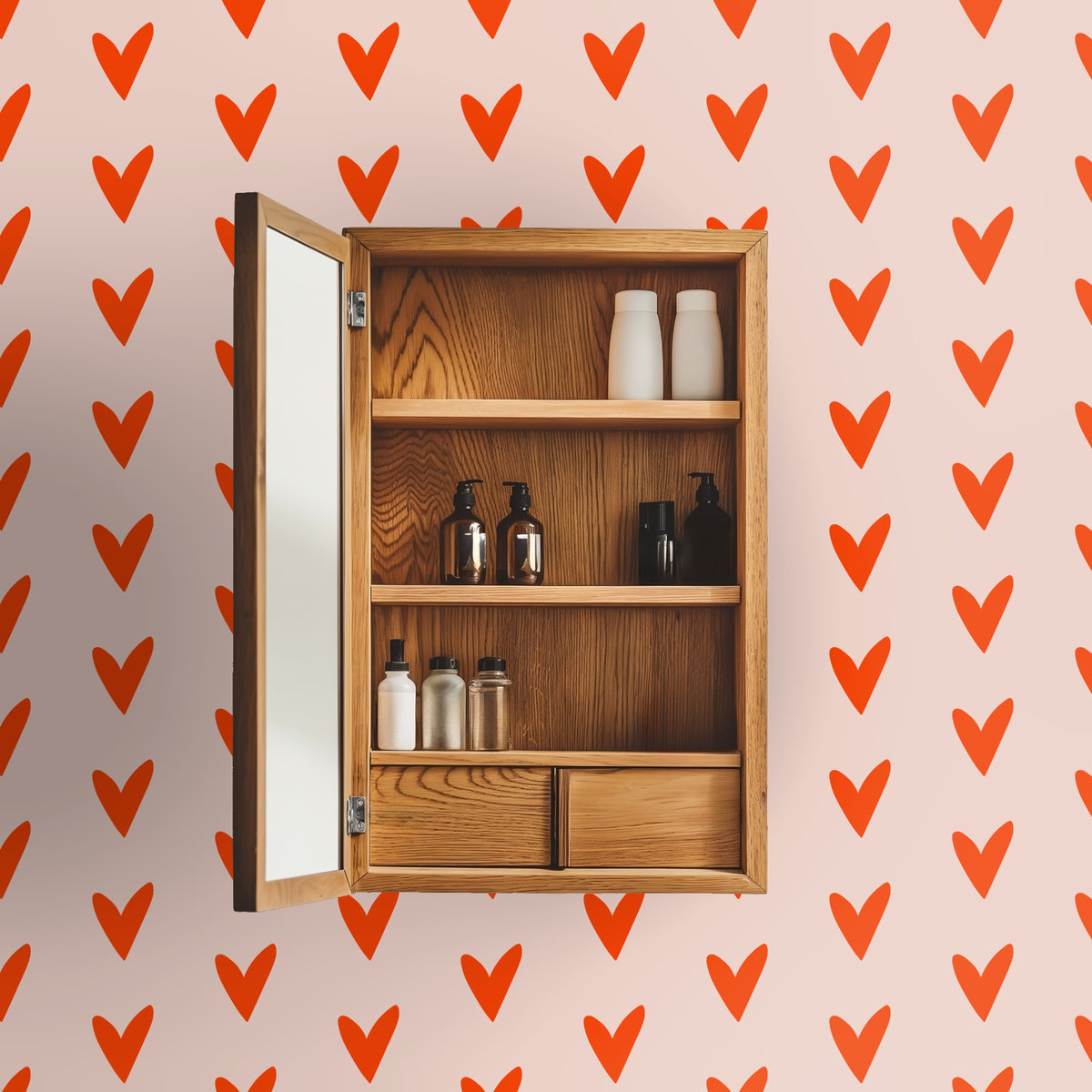 A clothing rack placed against a coral heart wallpapered wall, showing pattern scale in a dressing area.
