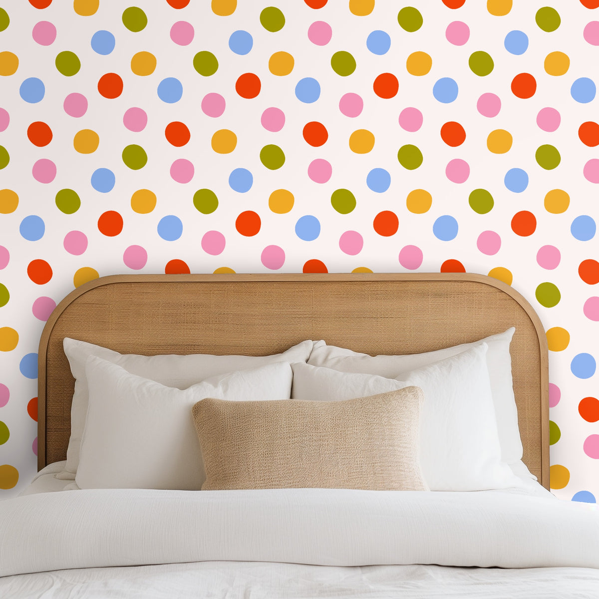 Repeat pattern artwork showing large hand-drawn dots in pink, sky blue, mustard, olive and coral on a warm off-white background