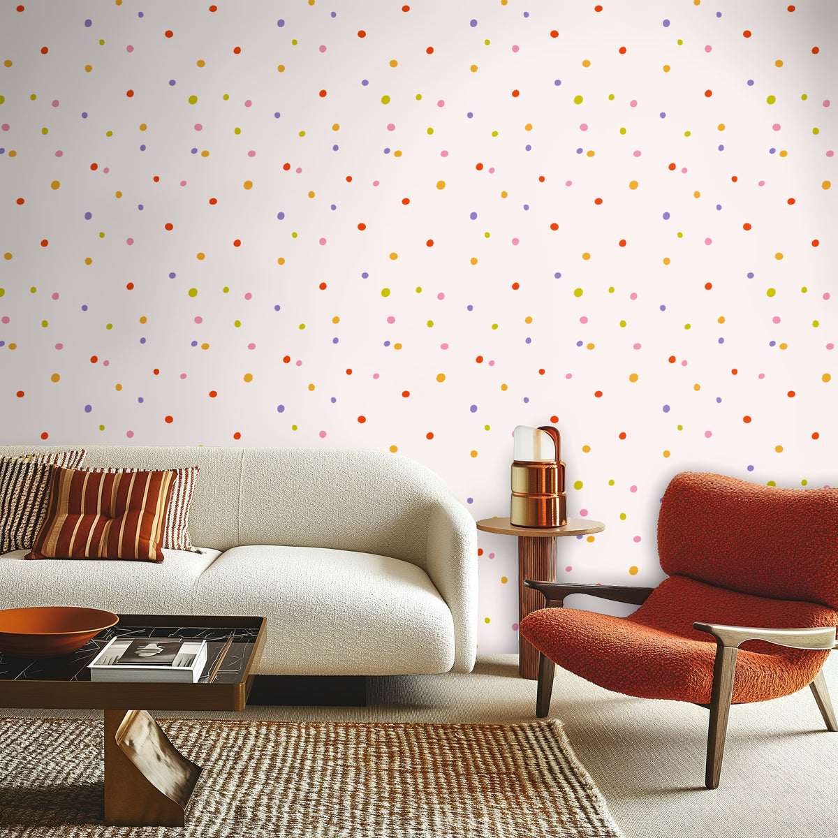 Detail of wallpaper pattern behind a tabletop, highlighting coral, marigold, lilac and pink dots.