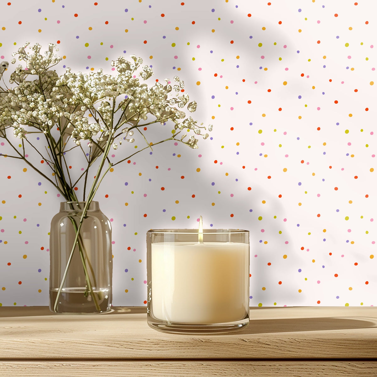 Nursery vignette showing Sweet Spot Polka wallpaper behind a light wood crib with floorboard flooring.