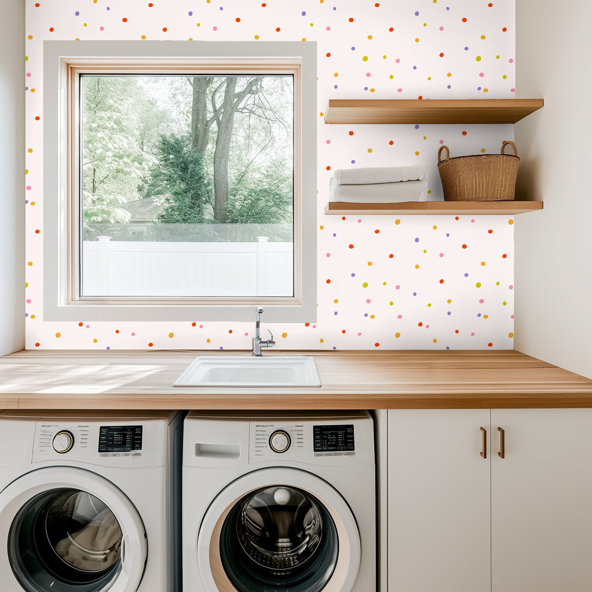 Horizontal crop showing the scatter of dots above a wooden shelf with two red ceramic bowls.