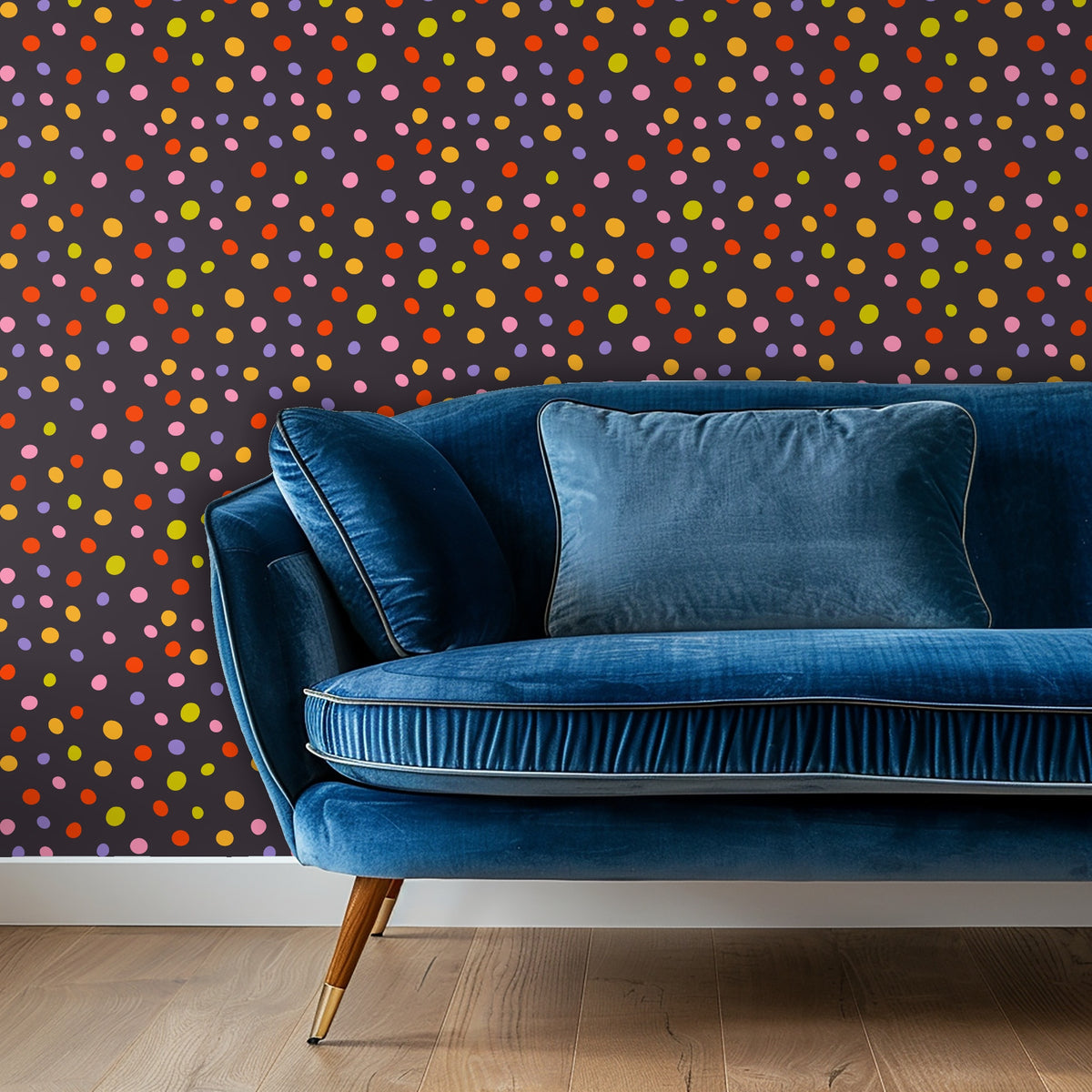 Detail shot: deep blue velvet sofa in front of the charcoal confetti pattern showing scale of dots