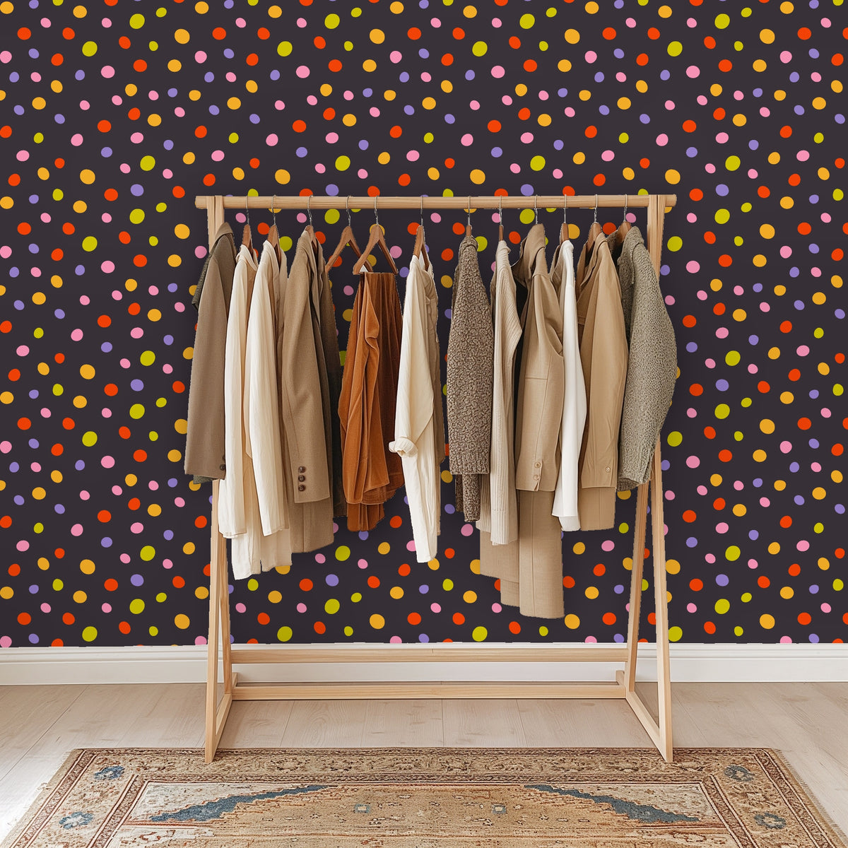 Pattern close-up showing hand-drawn dot shapes and the energetic, even distribution across the dark field