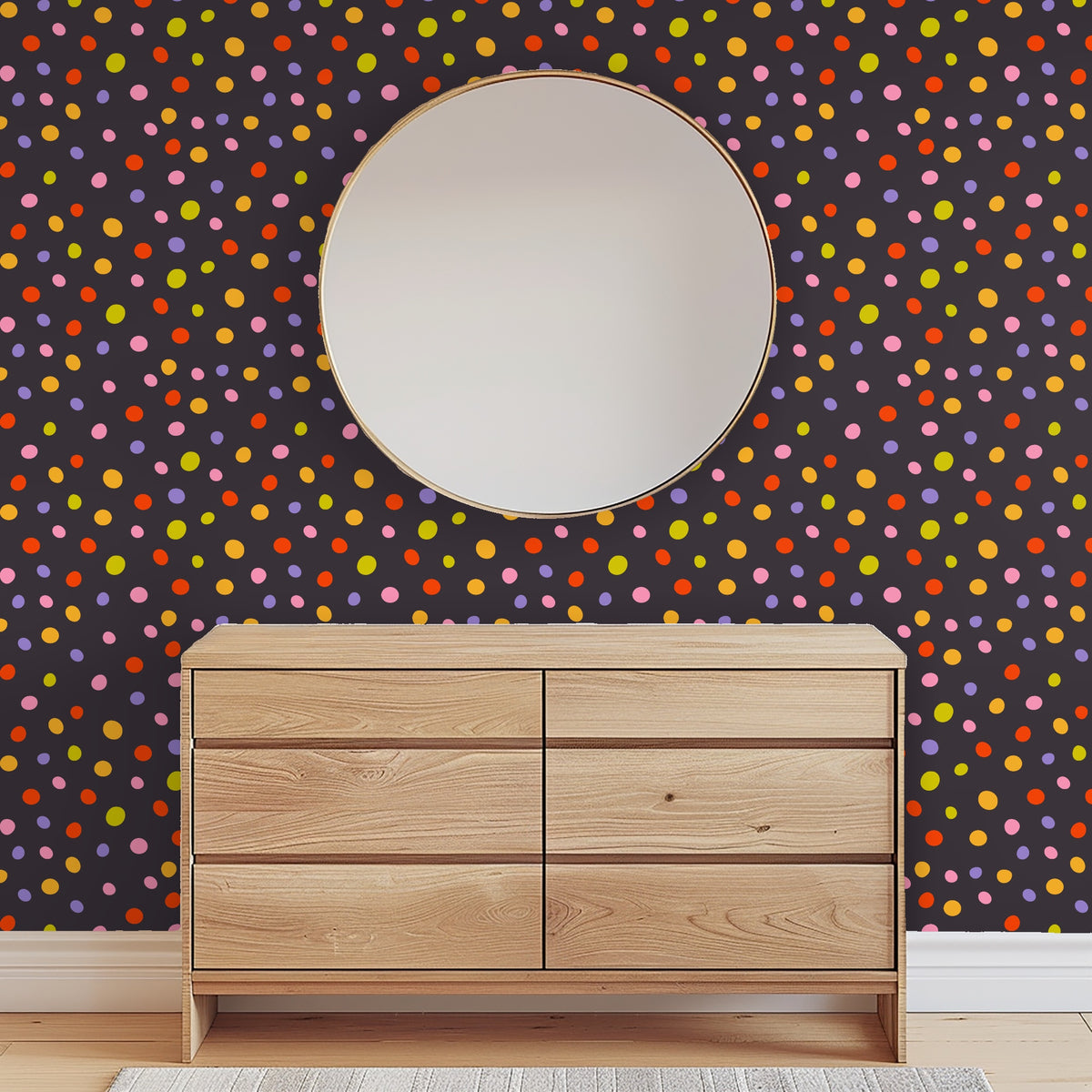 Hallway vignette: wallpaper used as a full-wall treatment framing artwork above a sideboard