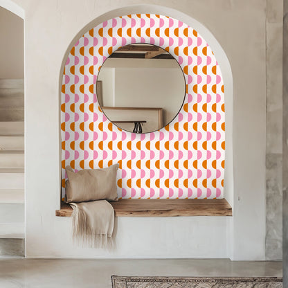 Bedroom vignette where the Semicircle Serenade pattern serves as a bold headboard wall behind neutral linens.