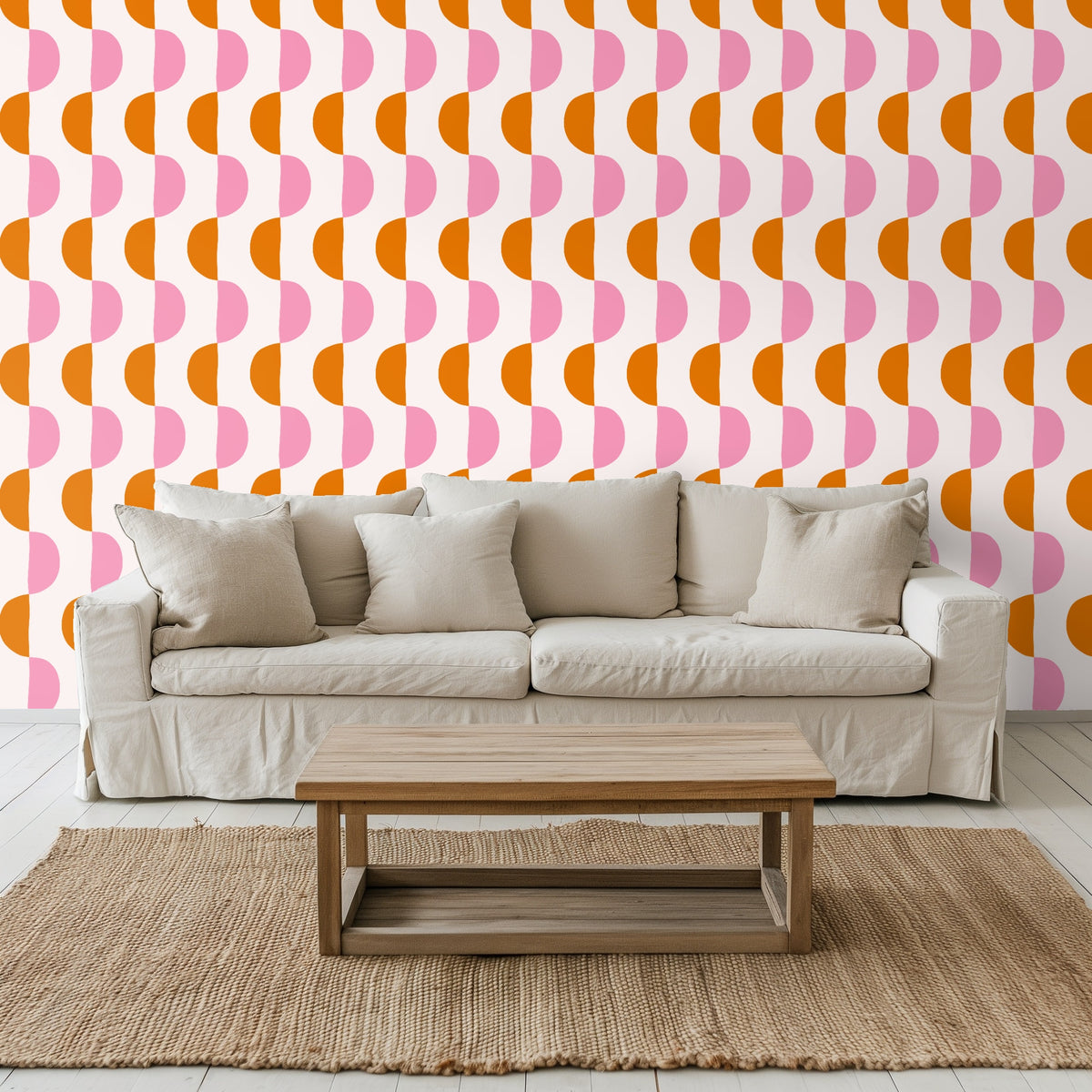 Close-up of the Semicircle Serenade repeat showing blush pink and terracotta half‑moons on a cream background.